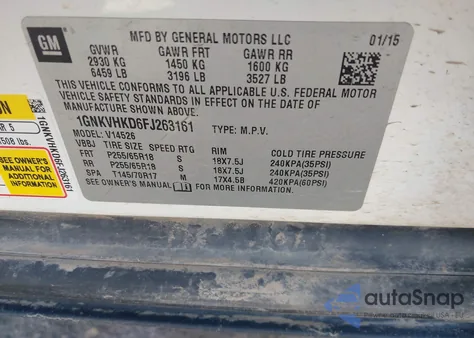 2015 Chevrolet Traverse 2Lt z USA, uszkodzony, nr VIN 1GNKVHKD6FJ263161